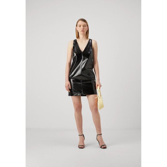 HUGO Kadice Faux Leather Effect A-Line V-Neck Dress Black Size 4 NEW - Picture 1 of 11